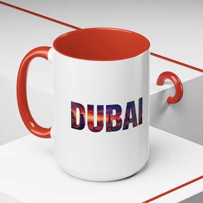 Dubai Skyline Accent Coffee Mug — Sunset City Photo Text (11/15oz)