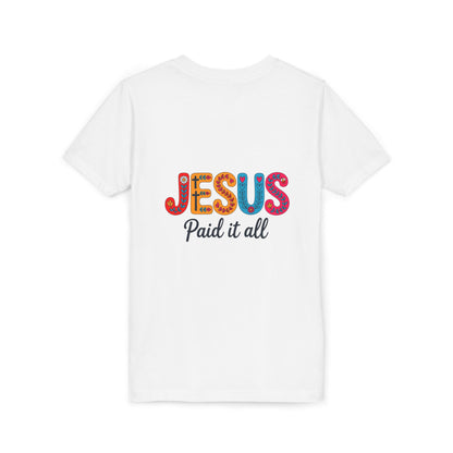 Youth Tee — "Jesus Paid It All" Colorful Faith Graphic