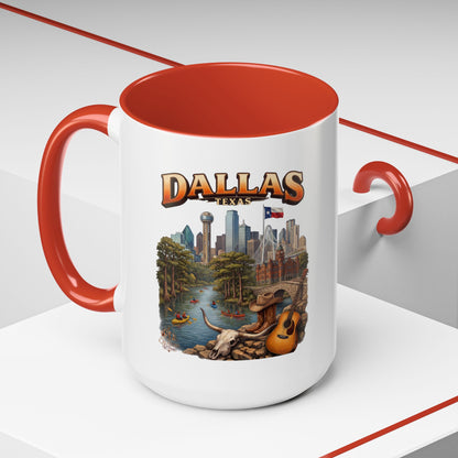 Dallas Skyline Accent Coffee Mug — Texas Souvenir Mug with Guitar & Cityscape