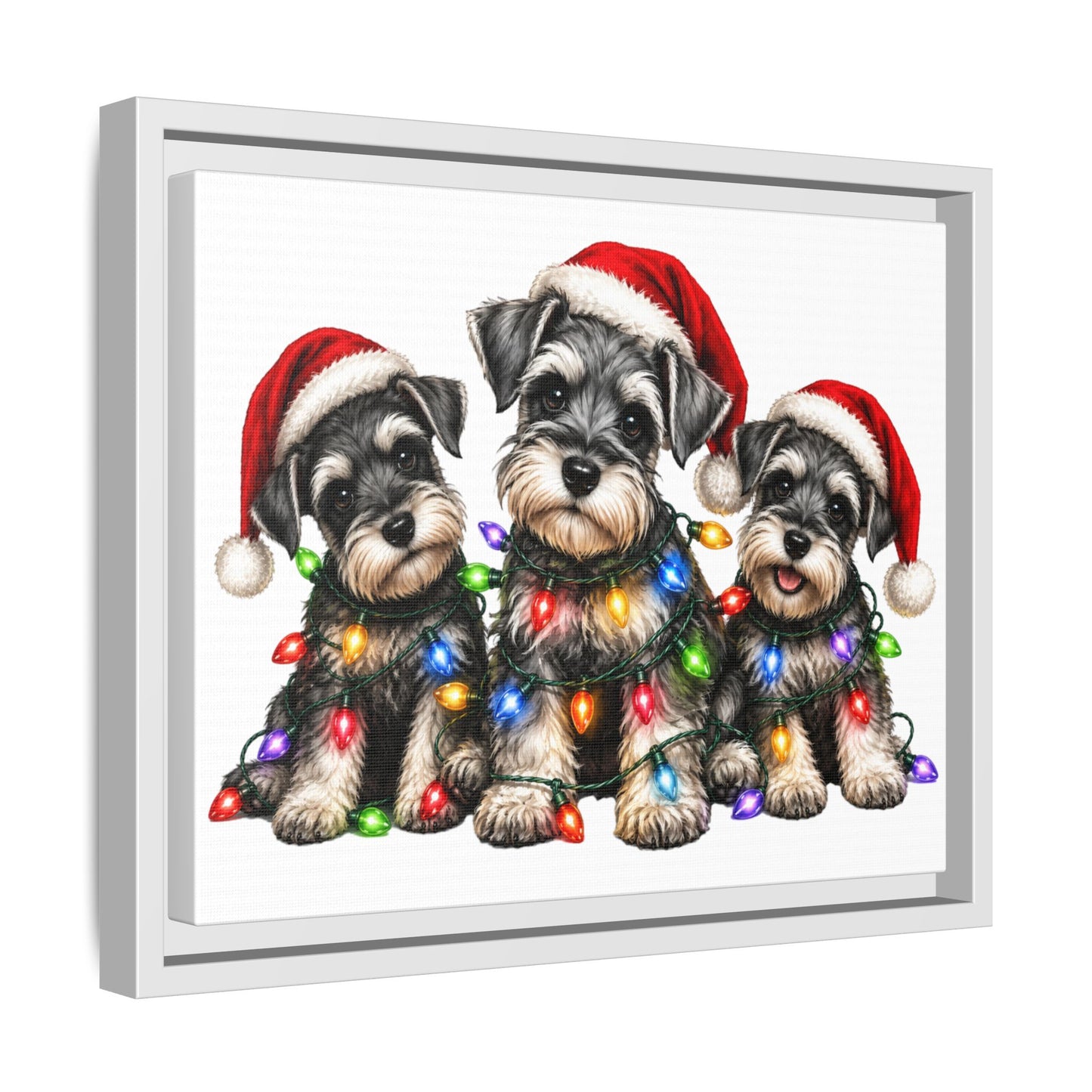 Christmas Schnauzer Canvas Print — Festive Puppies in Santa Hats (Matte Framed)