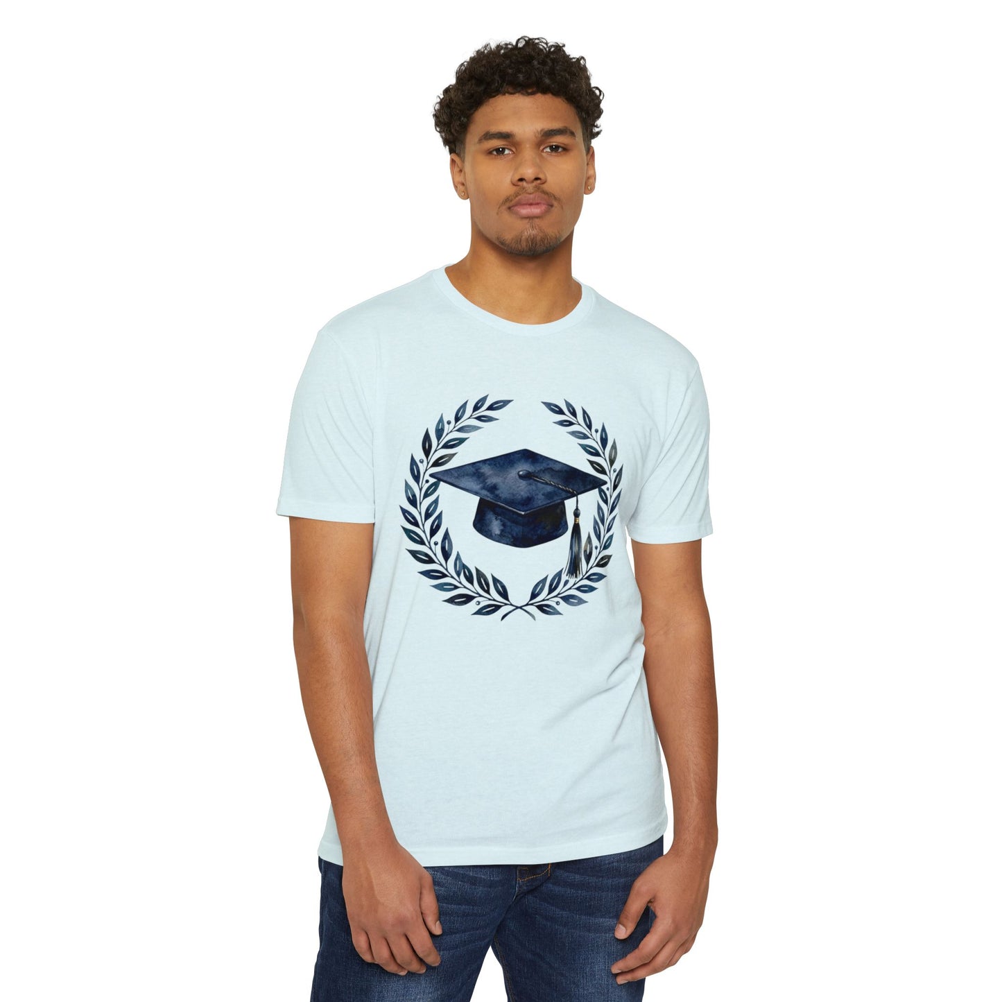 Graduation Cap Laurel T-Shirt — Navy Watercolor Grad Tee