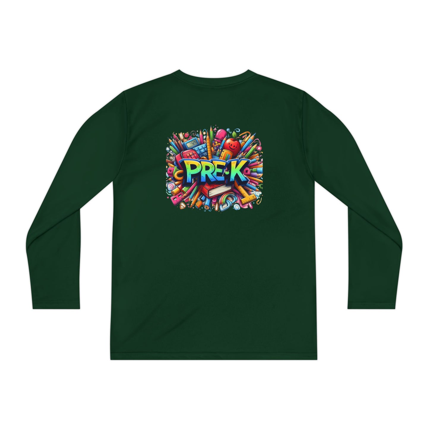 PRE-K Youth Long Sleeve Tee — Colorful School Supplies Design