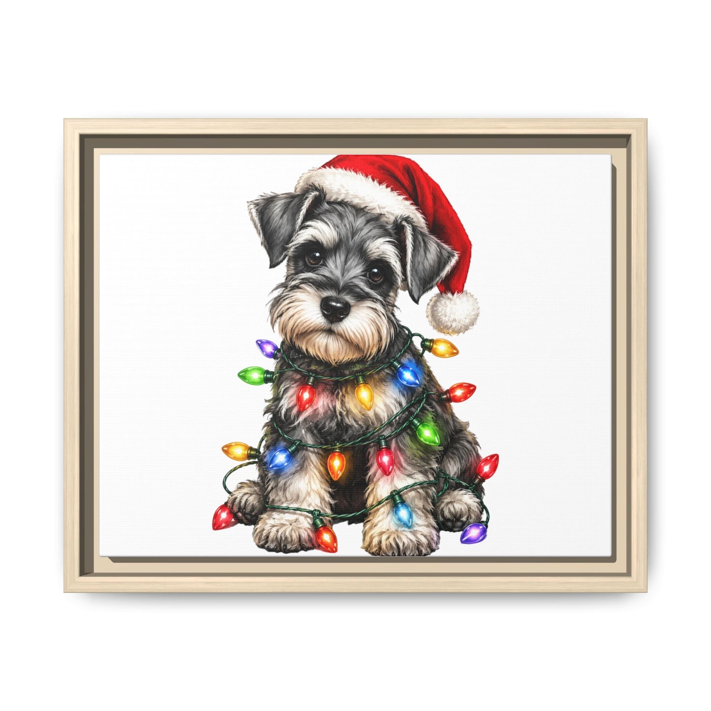 Holiday Schnauzer Canvas Print — Framed Matte Wall Art with Christmas Lights