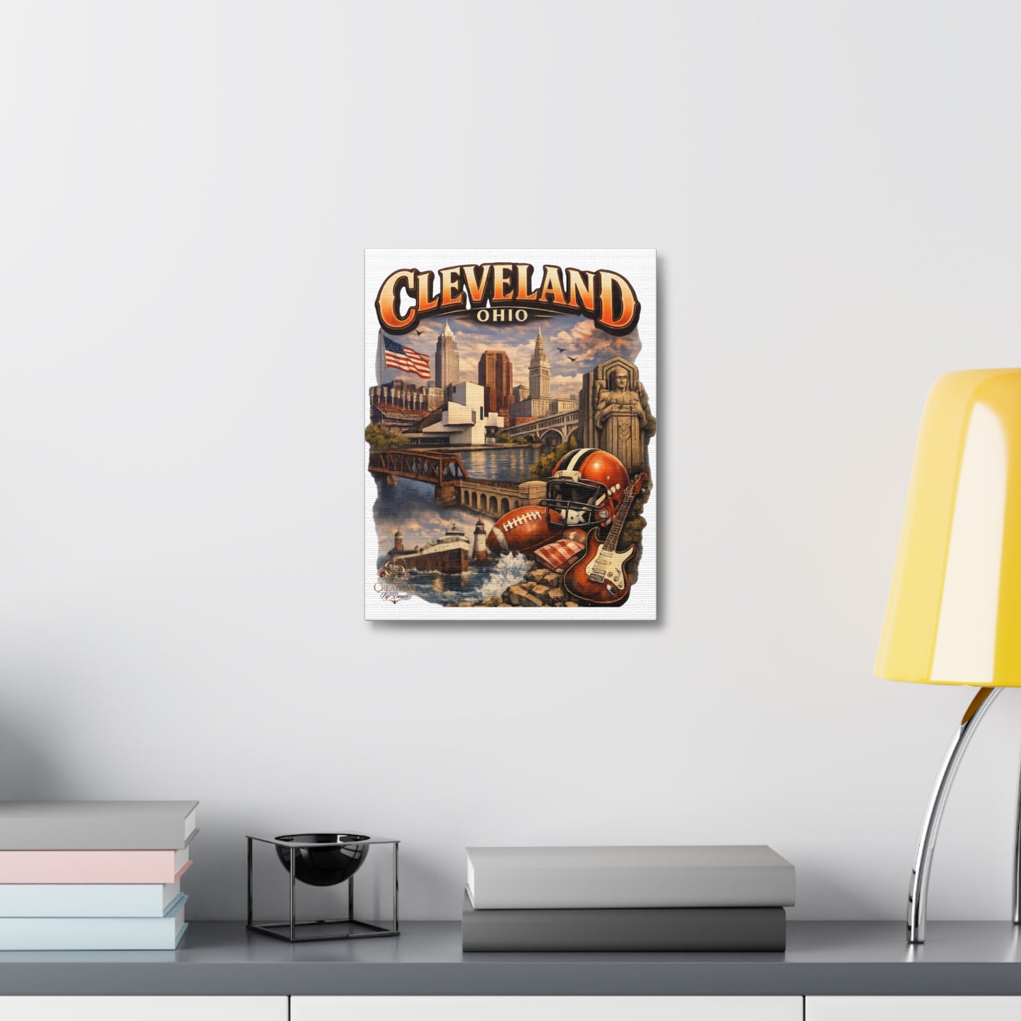 Cleveland Ohio Vintage Collage Stretched Canvas — Rock & Football City Skyline Wall Art