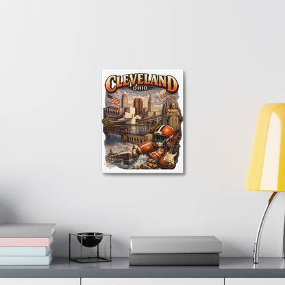 Cleveland Ohio Vintage Collage Stretched Canvas — Rock & Football City Skyline Wall Art
