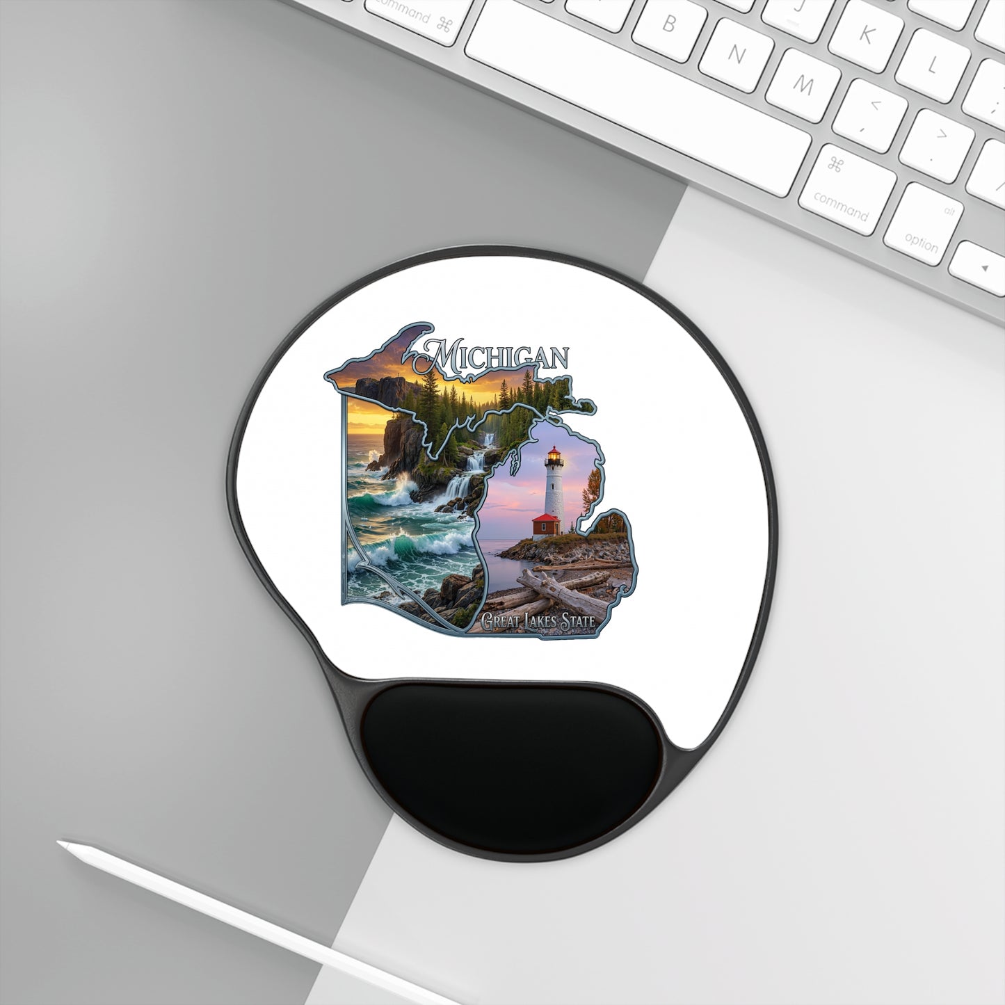 Michigan Lakeshore Mouse Pad with Wrist Rest — Great Lakes Lighthouse Design