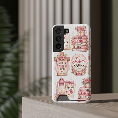 Christian Floral Phone Case with Card Holder — 'Jesus Saves' Inspirational Design