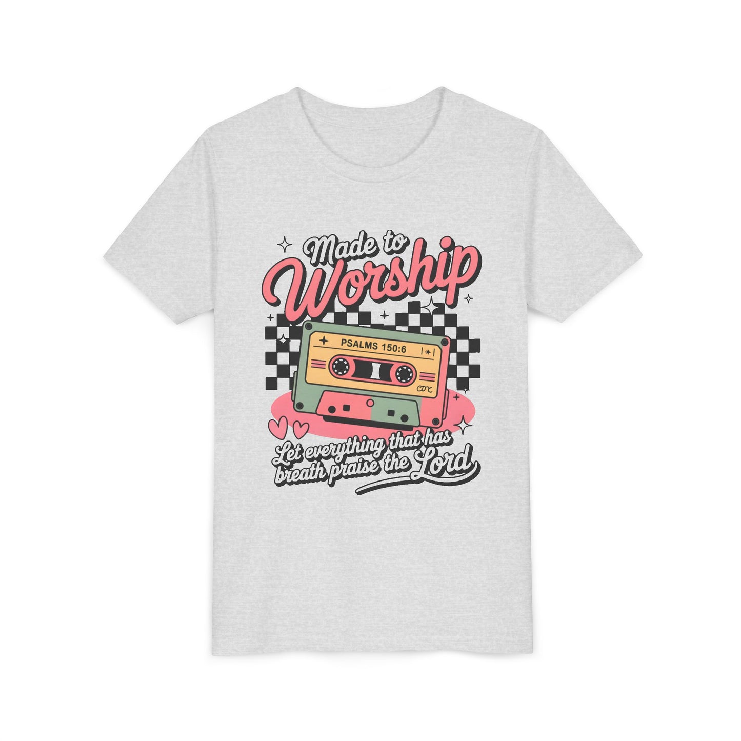 Made to Worship Youth Tee – Retro Cassette Christian Kids Shirt (Psalms 100:4)