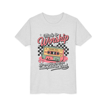 Made to Worship Youth Tee – Retro Cassette Christian Kids Shirt (Psalms 100:4)