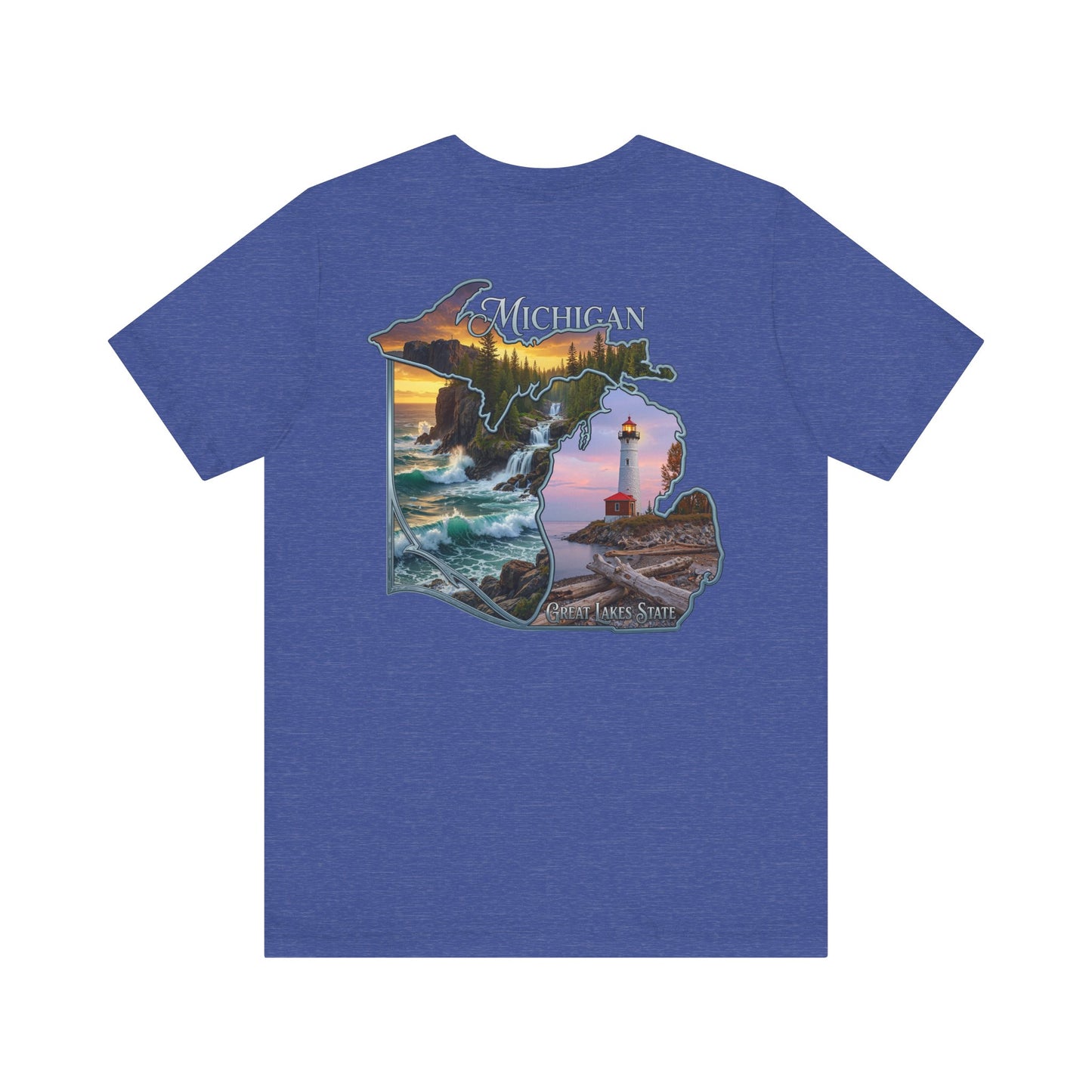 Michigan Scenic Map T-Shirt — Great Lakes Lighthouse Sunset Tee