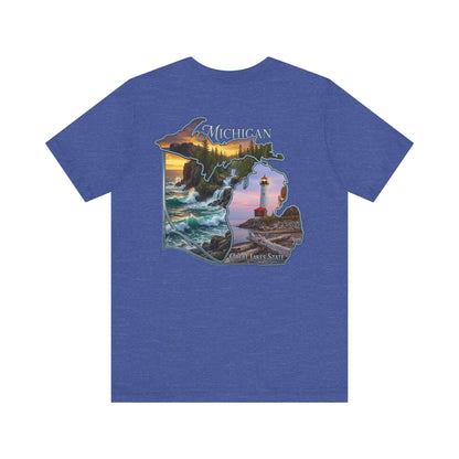 Michigan Scenic Map T-Shirt — Great Lakes Lighthouse Sunset Tee