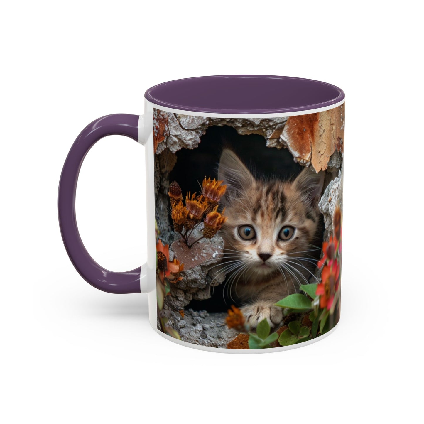 Cute Kitten Peek Accent Coffee Mug — Tabby Cat Floral 11/15oz