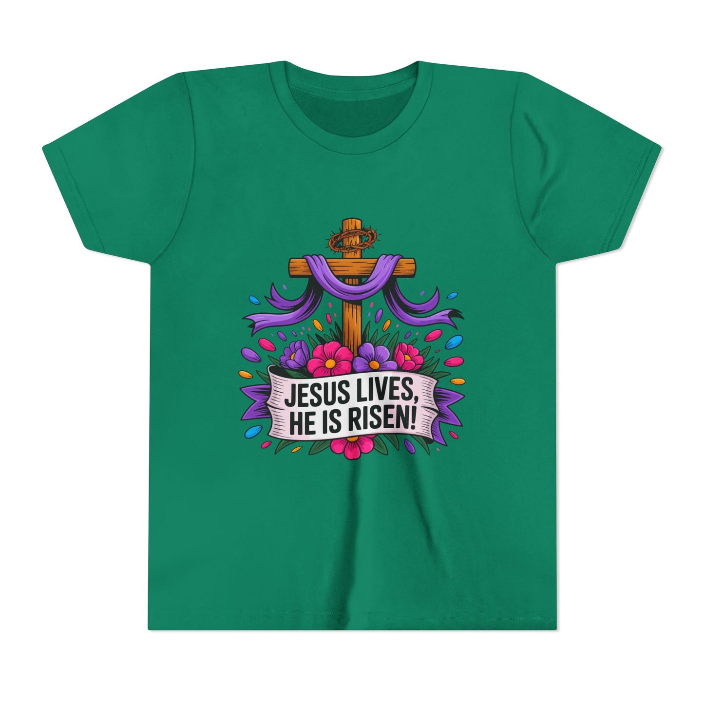 Youth Tee — "Jesus Lives, He Is Risen!" Easter Christian Tee