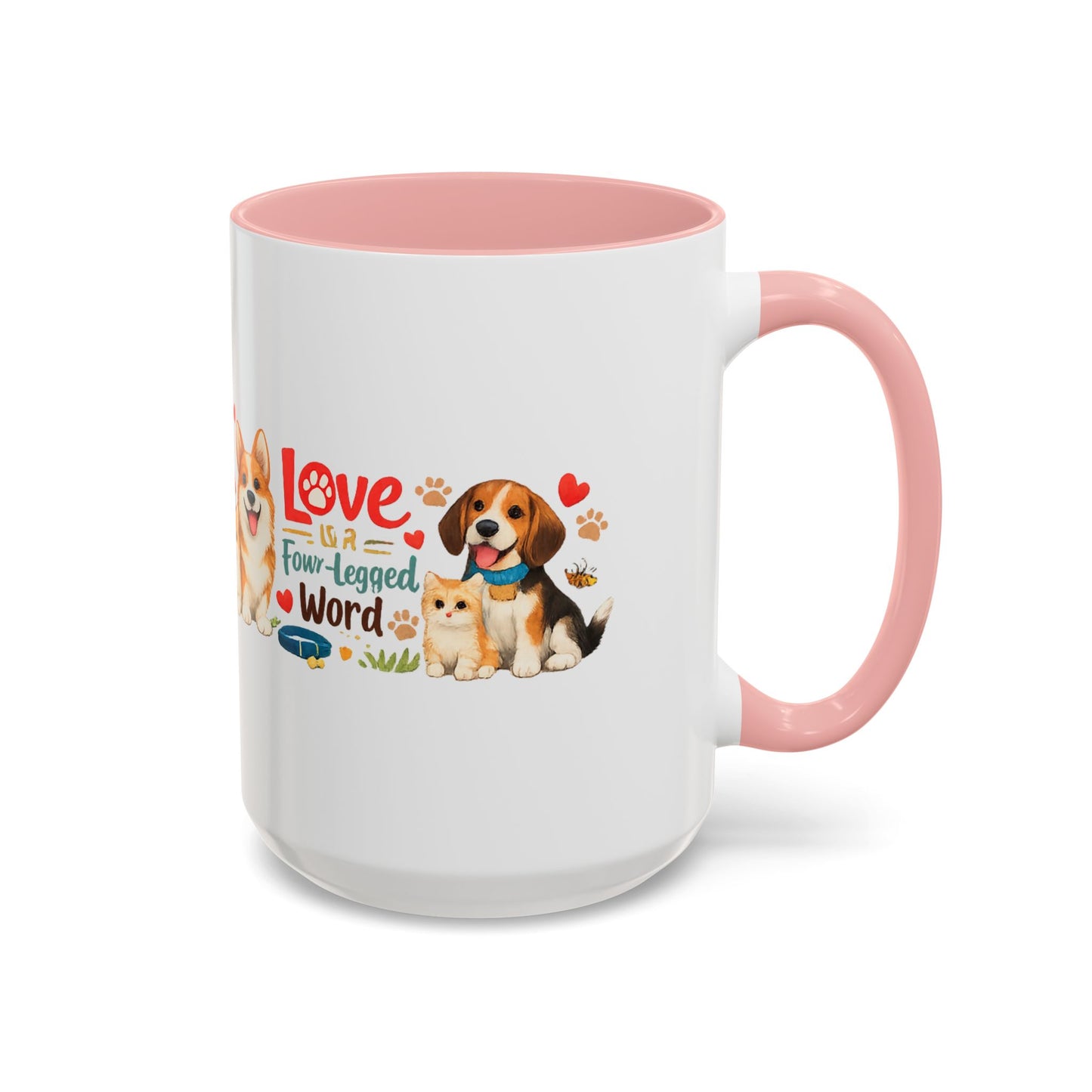 Dog Lover Accent Coffee Mug — “Love is a Four-Legged Word” Ceramic Gift