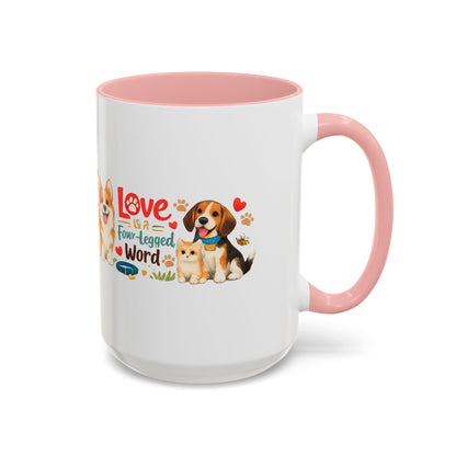 Dog Lover Accent Coffee Mug — “Love is a Four-Legged Word” Ceramic Gift