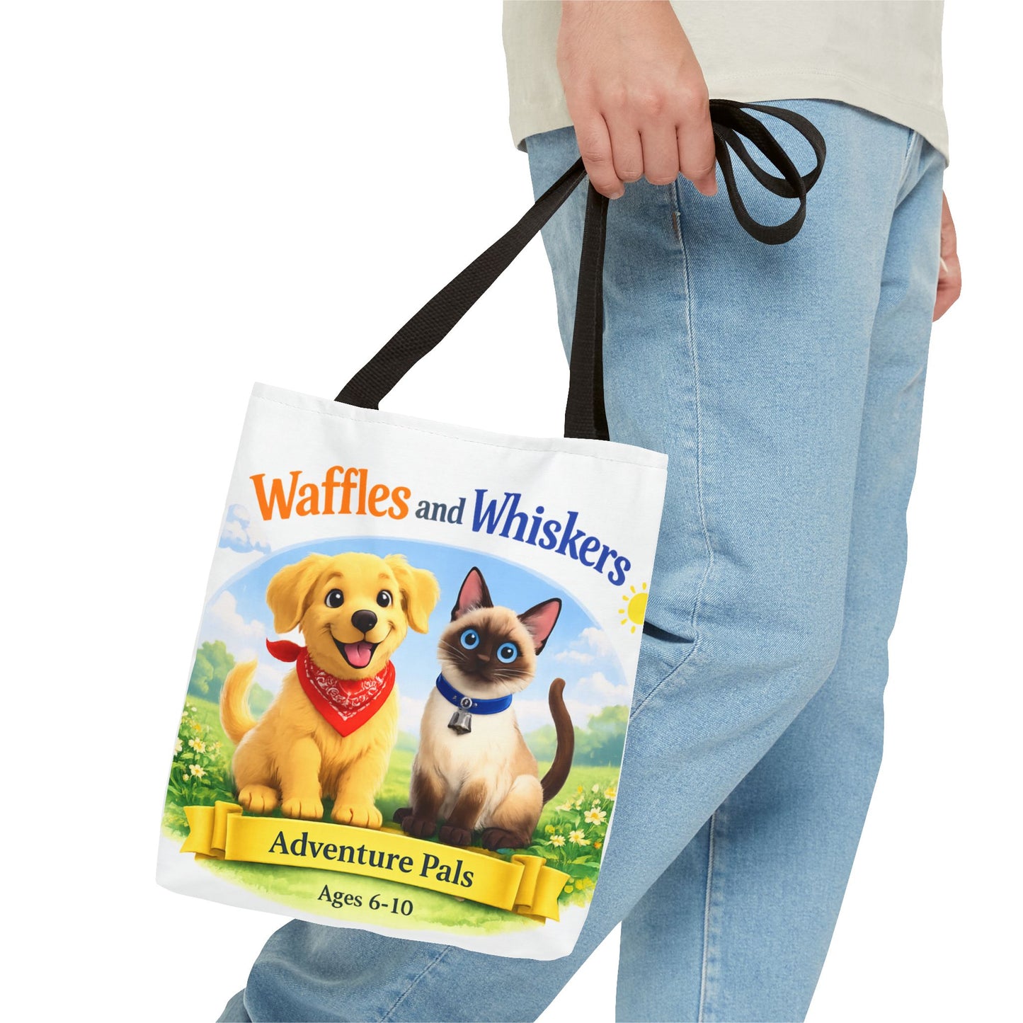 Waffles & Whiskers Adventure Pals Tote Bag — Cute Puppy and Kitten Kids Book Design