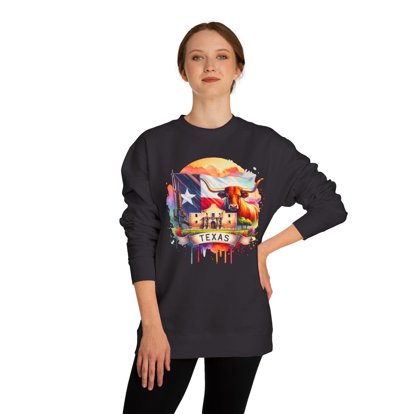 Texas Watercolor Flag Sweatshirt — Longhorn & Alamo Graphic