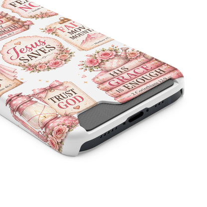 Christian Phone Case with Card Holder — 'Jesus Saves' Floral Scripture Design