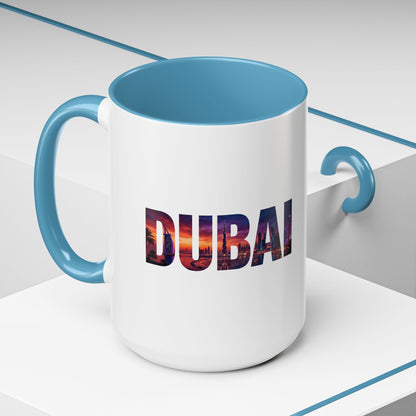 Dubai Skyline Accent Coffee Mug — Sunset City Photo Text (11/15oz)