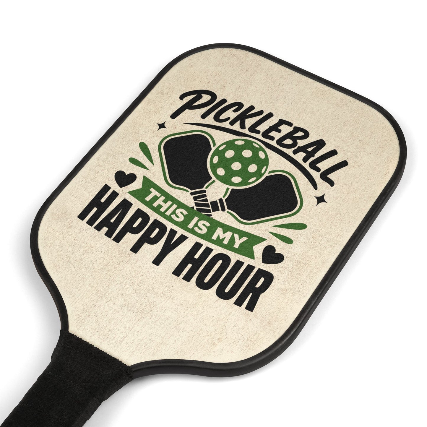 Pickleball Paddle Set – "Pickleball This Is My Happy Hour" Wood-Grain Paddle Kit with Balls