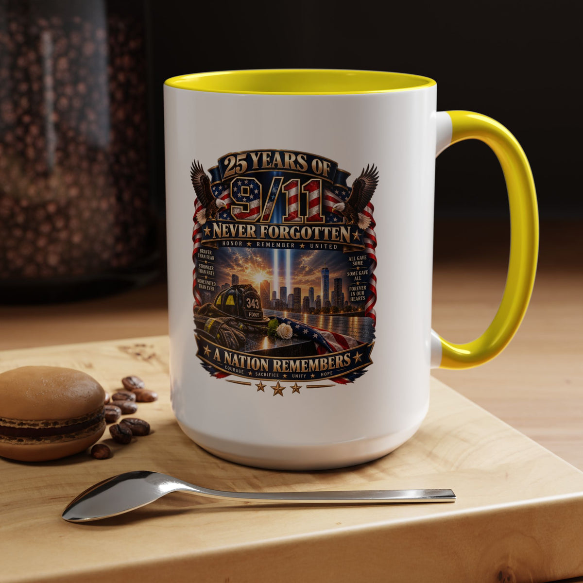 9/11 Memorial Coffee Mug — "25 Years of Never Forgotten" Patriot Tribute