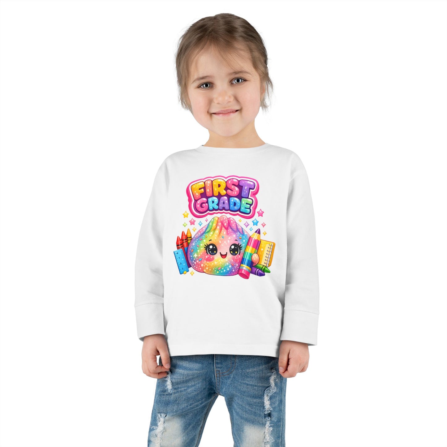 First Grade Toddler Long Sleeve Tee — Colorful Back-to-School Rainbow Crayon Design
