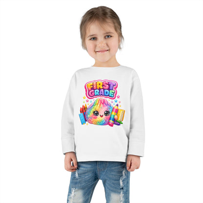First Grade Toddler Long Sleeve Tee — Colorful Back-to-School Rainbow Crayon Design