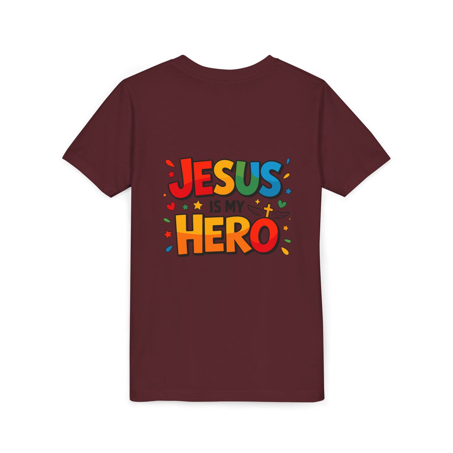 Youth Tee — "Jesus Is My Hero" Colorful Kids Christian T-Shirt