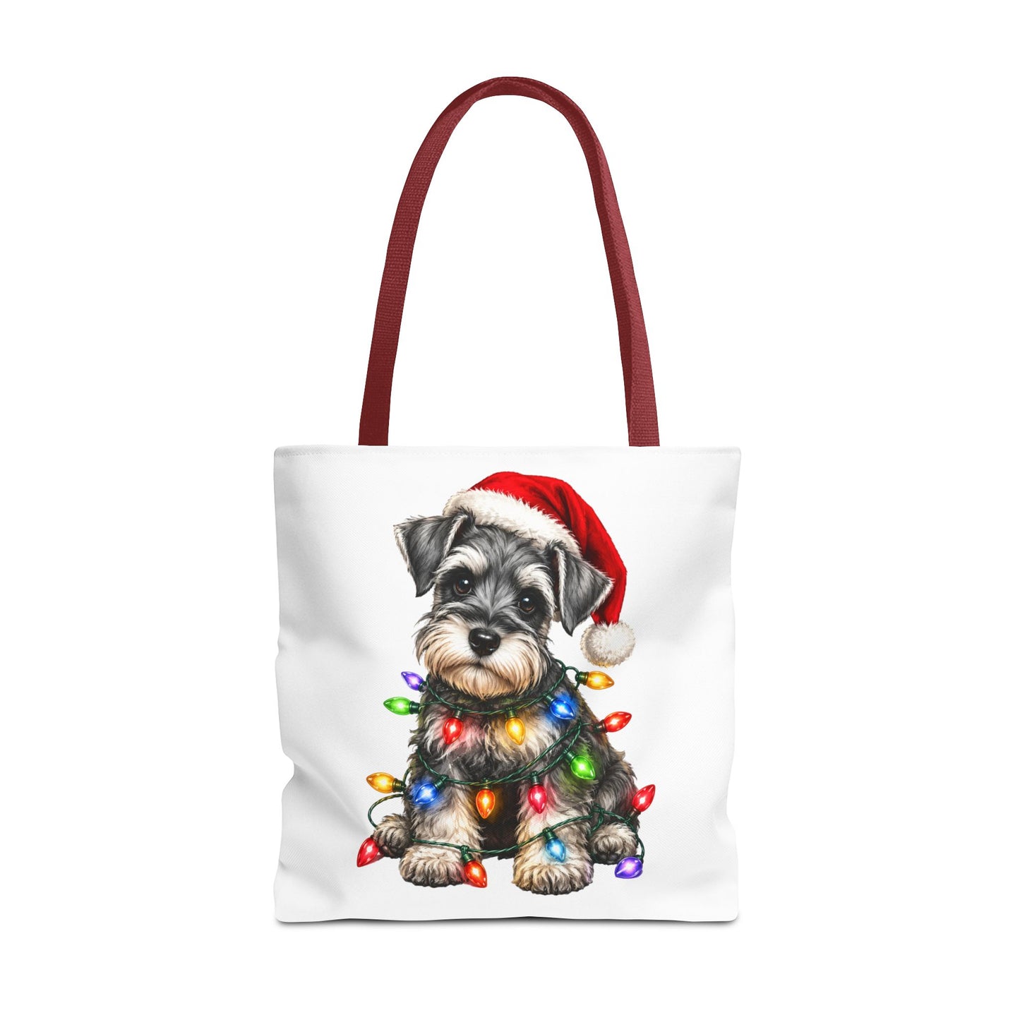 Christmas Schnauzer Tote Bag — Cute Puppy with Santa Hat & Holiday Lights