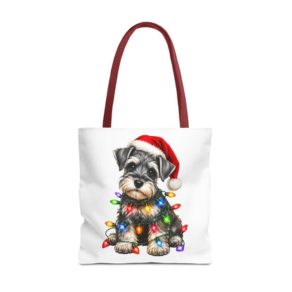 Christmas Schnauzer Tote Bag — Cute Puppy with Santa Hat & Holiday Lights