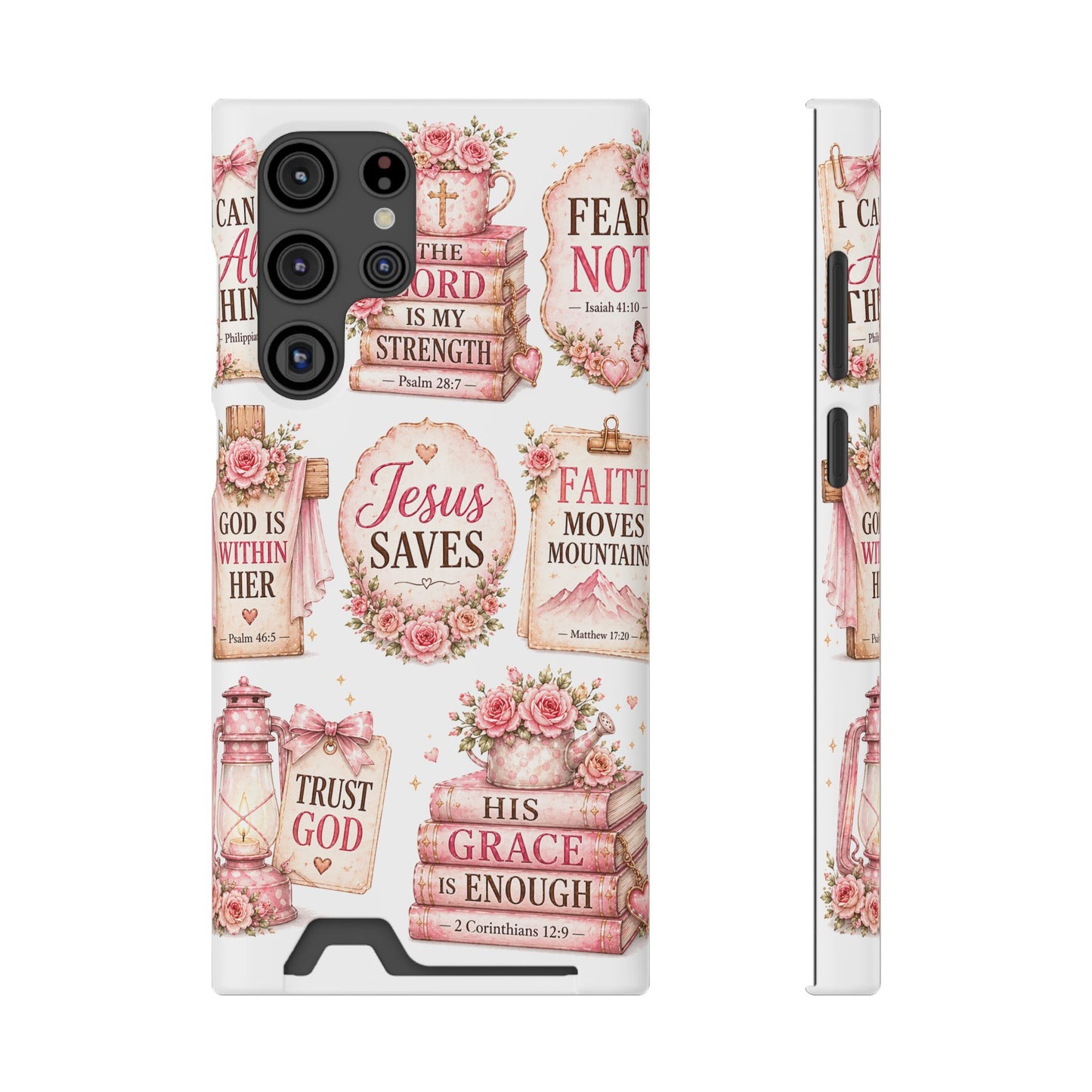 Christian Phone Case with Card Holder — 'Jesus Saves' Floral Scripture Design