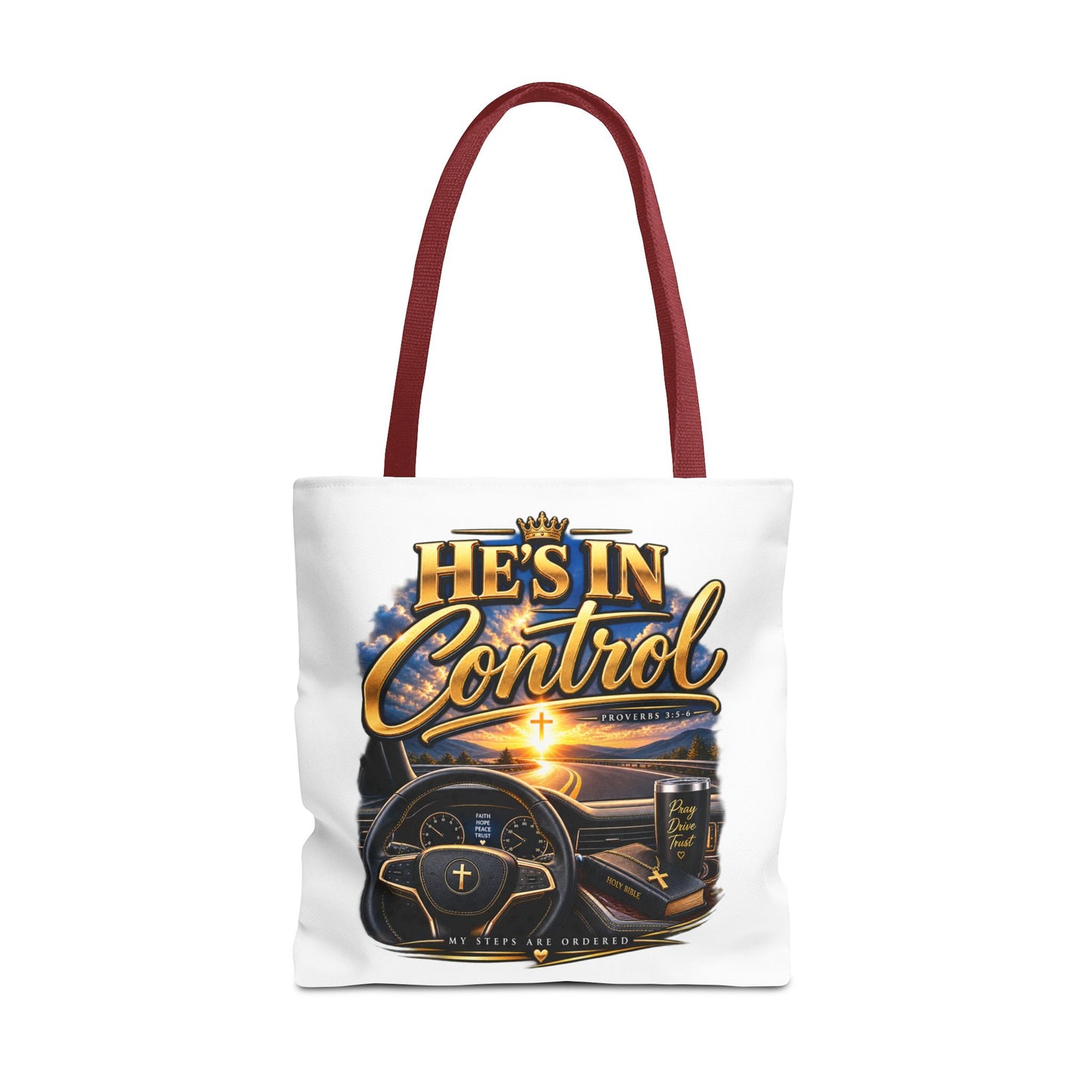 He's In Control Christian Tote Bag — Faith-Inspired Inspirational Grocery & Daily Carry AOP