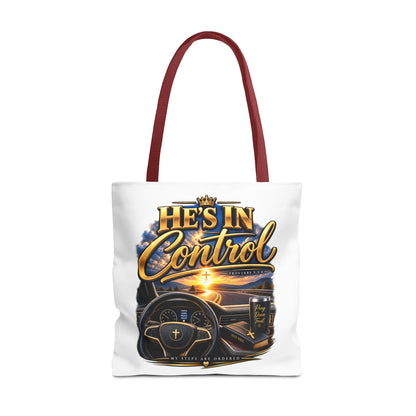 He's In Control Christian Tote Bag — Faith-Inspired Inspirational Grocery & Daily Carry AOP