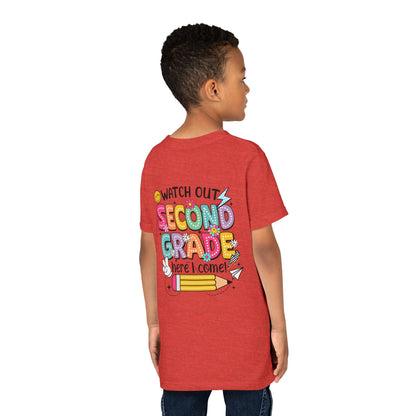 Second Grade Kids T‑Shirt – "Watch Out Second Grade Here I Come" Back‑to‑School Tee