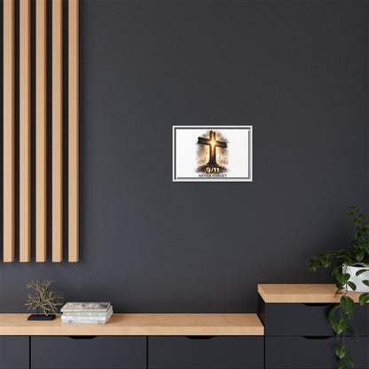 9/11 Never Forget Framed Canvas Wall Art — Memorial Cross Tribute