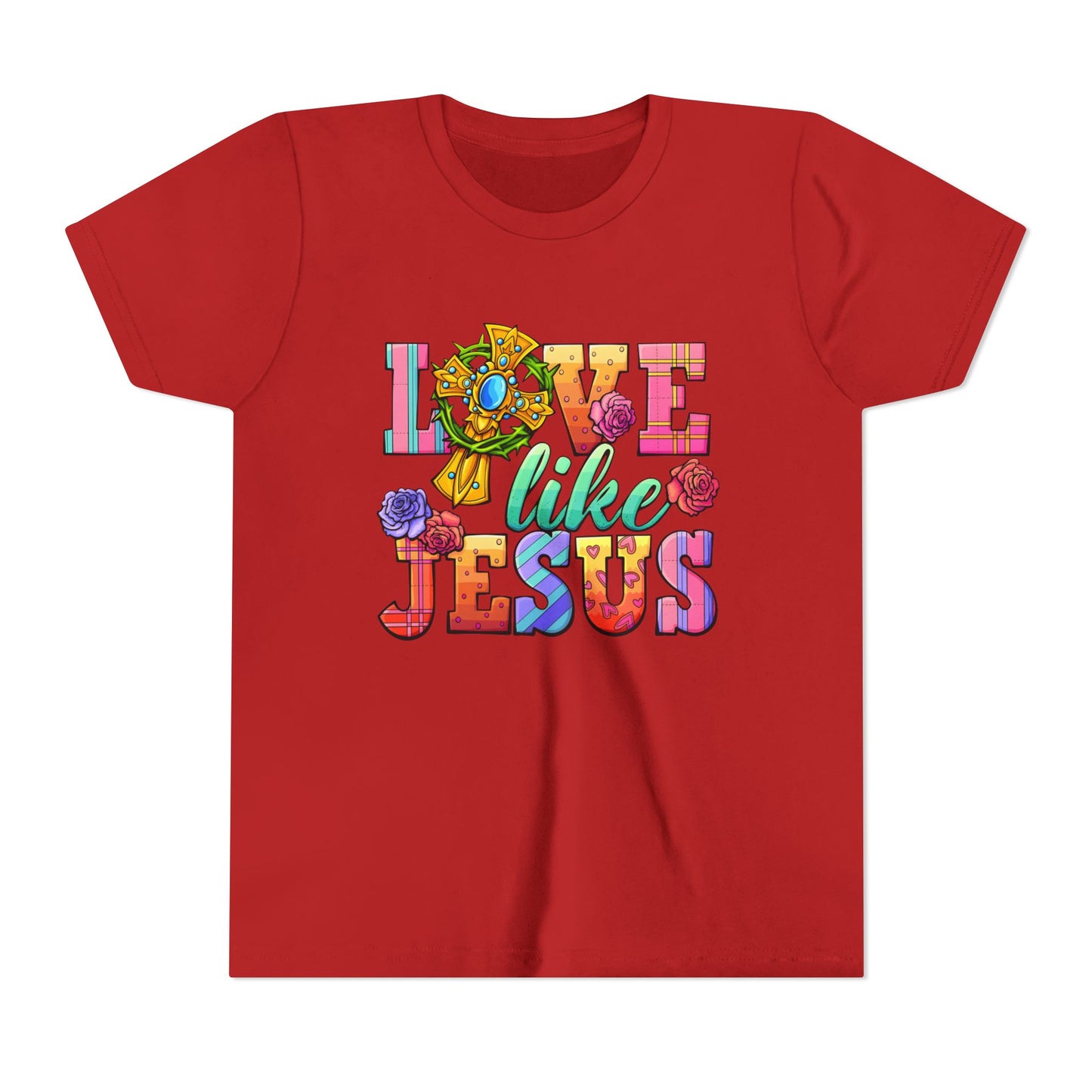 Youth Tee — "Love Like Jesus" Colorful Faith Graphic