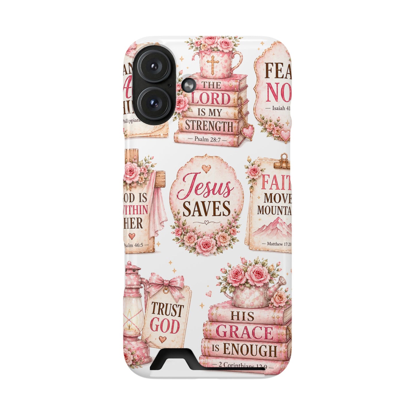 Christian Phone Case with Card Holder — 'Jesus Saves' Floral Scripture Design