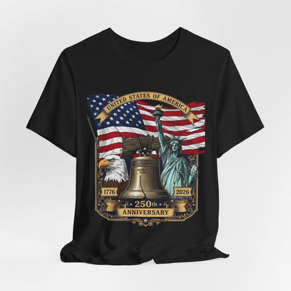 Patriotic 250th Anniversary T-Shirt - Liberty Bell, Bald Eagle & Statue of Liberty