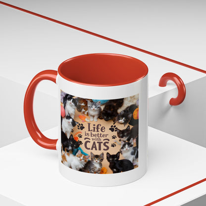 Cat Lover Accent Coffee Mug — “Life Is Better With Cats” 11/15oz