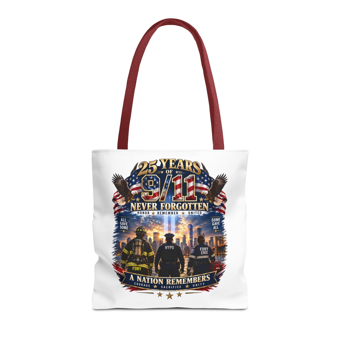 Never Forgotten 9/11 Memorial Tote Bag — 25 Years Tribute, A Nation Remembers