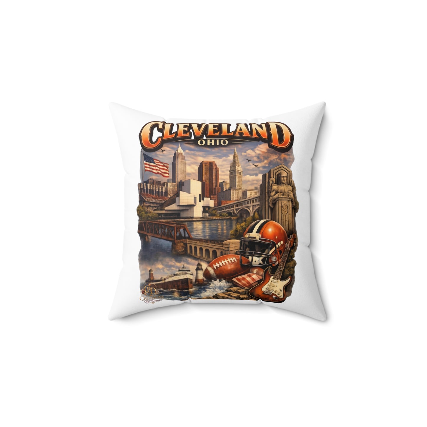 Cleveland Vintage Skyline Throw Pillow – Ohio Cityscape with Football & Rock Icons