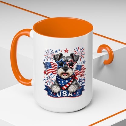Patriotic Schnauzer Coffee Mug – USA Flag, Fireworks Accent Mug (11/15oz)