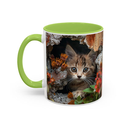 Cute Kitten Peek Accent Coffee Mug — Tabby Cat Floral 11/15oz