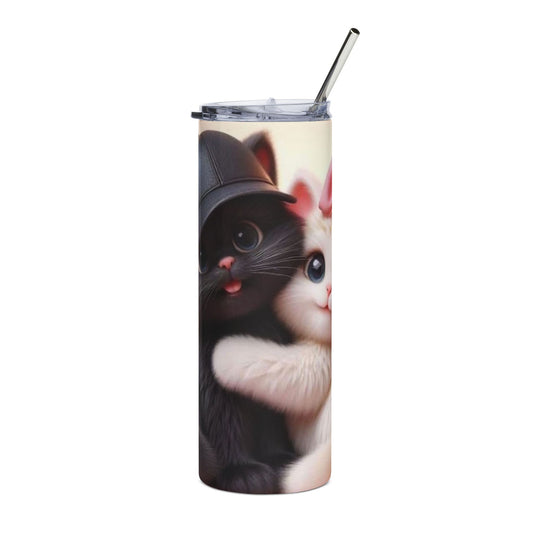 20oz Cat Hug Stainless Steel Tumbler — Cute Black & White Kittens Floral Design