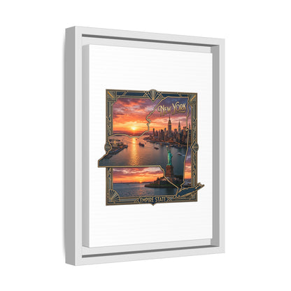 Framed Matte Canvas Wall Art — New York City Sunset Skyline with Statue of Liberty