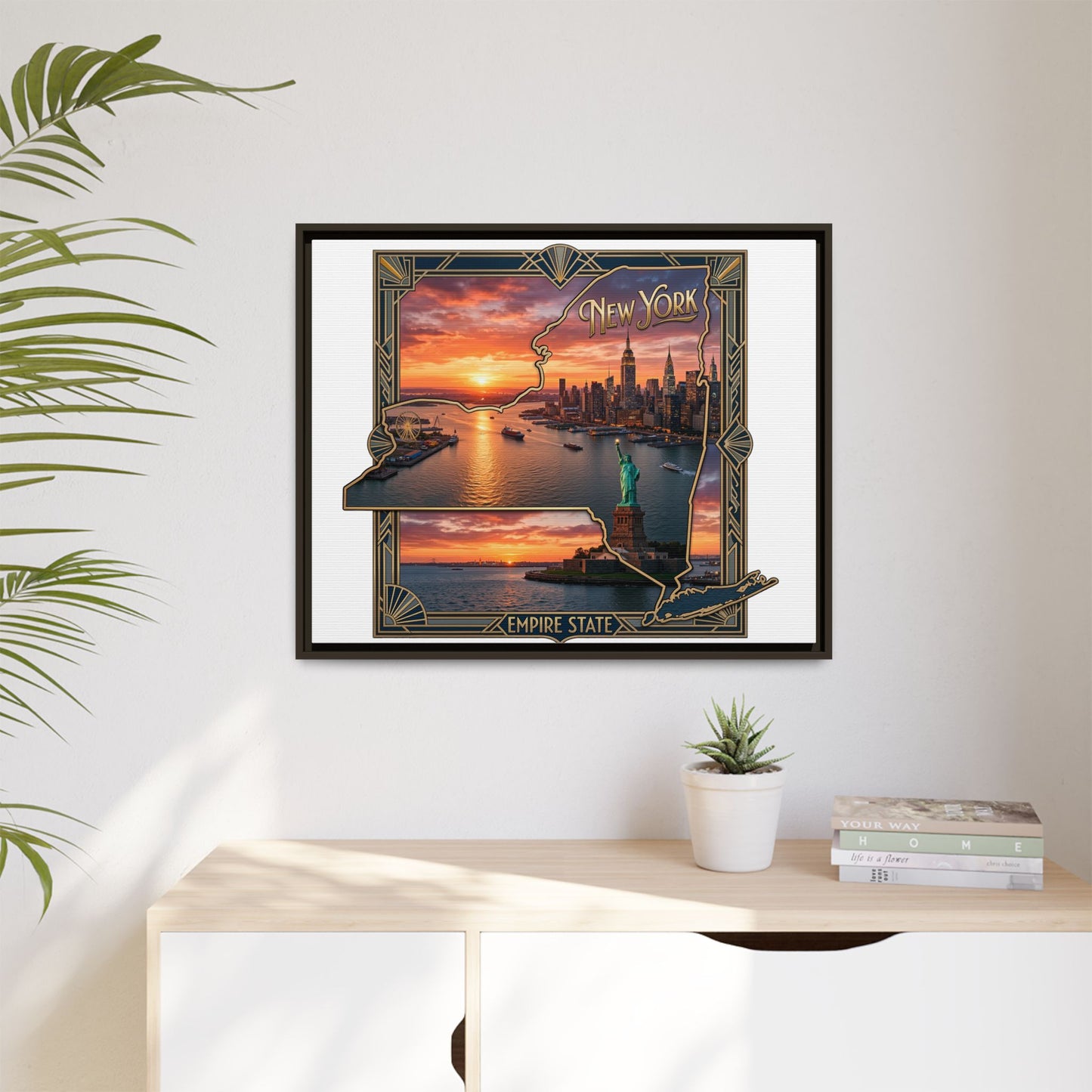 Framed Matte Canvas Wall Art — New York City Sunset Skyline with Statue of Liberty