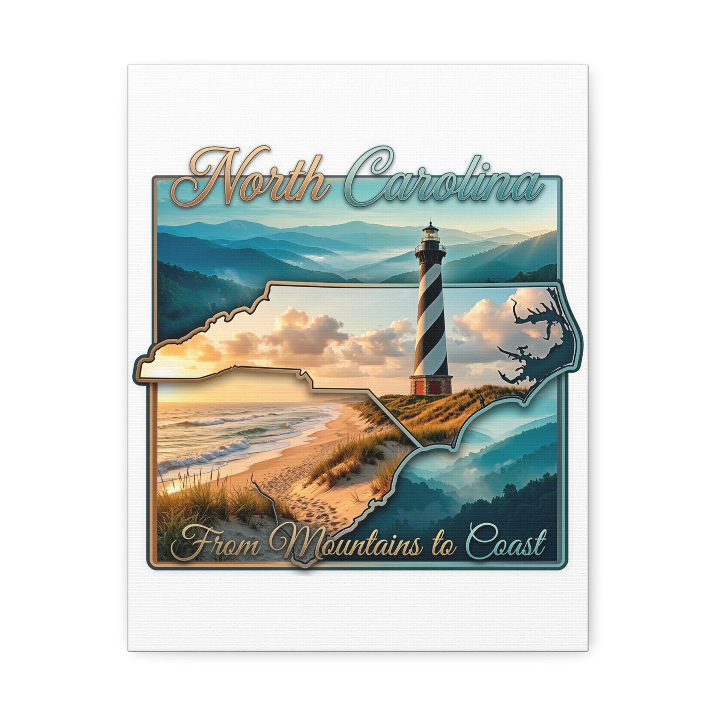 North Carolina Canvas Wall Art — "From Mountains to Coast" Lighthouse State Map