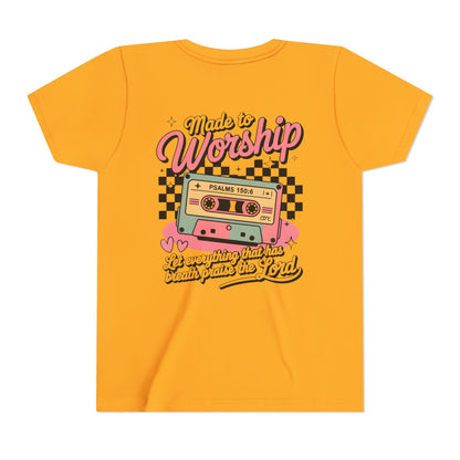 Made to Worship Youth Tee – Retro Cassette Christian Kids Shirt (Psalms 100:4)