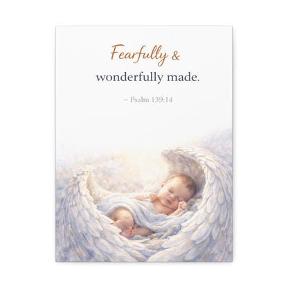 Canvas Wall Art - "Fearfully & Wonderfully Made" Baby Angel Bible Verse (Psalm 139:14) Nursery Decor