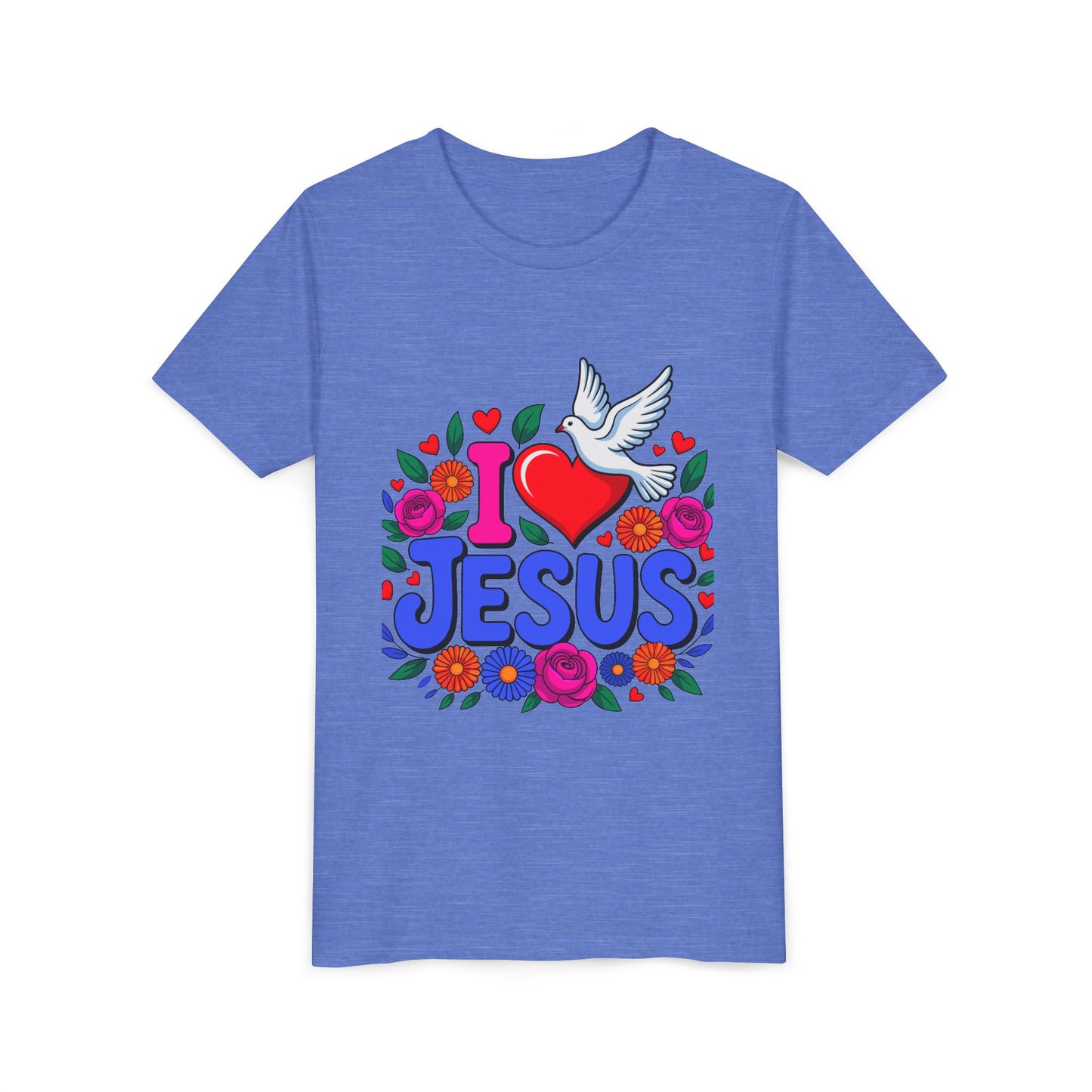 Youth Tee — "I  Jesus" Colorful Dove & Floral Christian Shirt